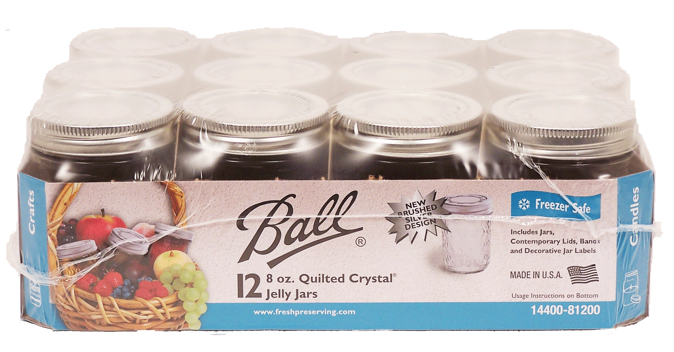 Ball&nbsp;&nbsp;quilted crystal 8-ounce jelly jars; includes bands, decorative dome lids & decorative jar labels Full-Size Picture